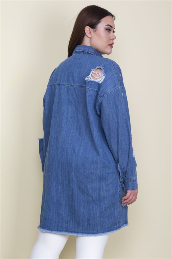 Kadın Mavi Yırtık Detaylı Salaş Kesim Oversize Kot Tunik Ceket 65N28046