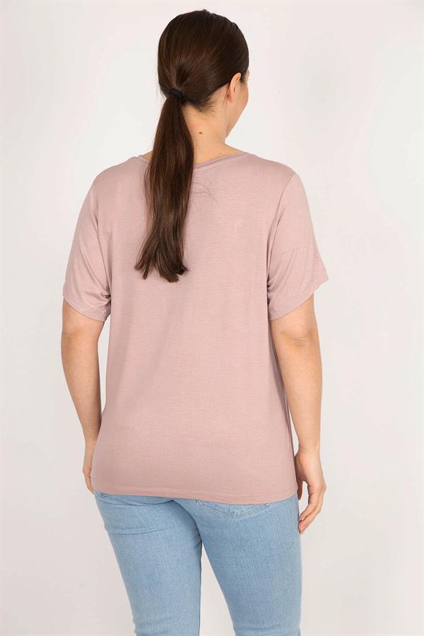 Kadın Pudra Büyük Beden Bisiklet Yaka Peto Cepli Bluz