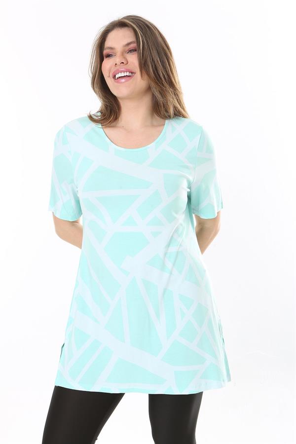 Kadın Büyük Beden Yeşil Bisiklet Yakalı Kısa Kollu Çizgili Tunik 65N37851