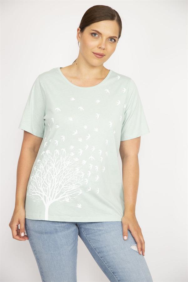 Kadın Yeşil Büyük Beden Pamuk Kumaş Ön Baskılı Kısa Kollu Bluz