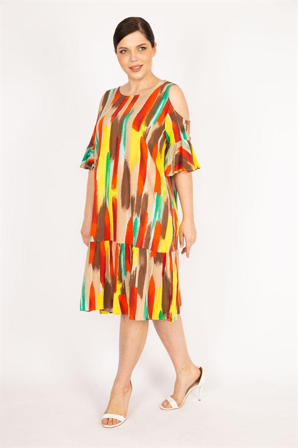 Kadın Fujya Büyük Beden Omuz Dekolteli Dokuma Viskon Kumaş Yan Cepli Elbise