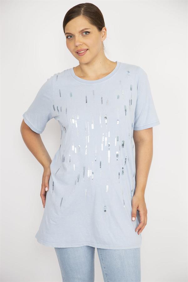 Kadın Büyük Beden Bebe Mavisi Payet Ve Taş İşli Bisiklet Yakalı Bluz