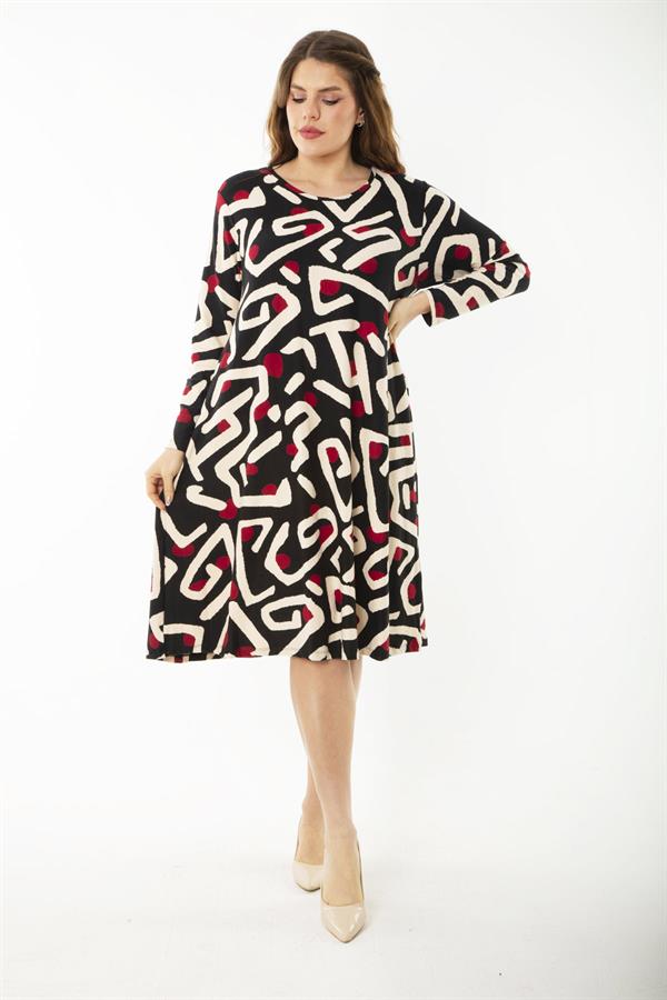 Kadın Büyük Beden Renkli Uzun Kollu Desenli Elbise 65N37192