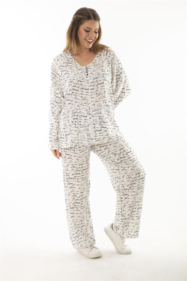 Kadın Büyük Beden Kemik Dokuma Viskon Kumaş Ön Fermuarlı Bluz Pantolon İkili Takım 65N37005