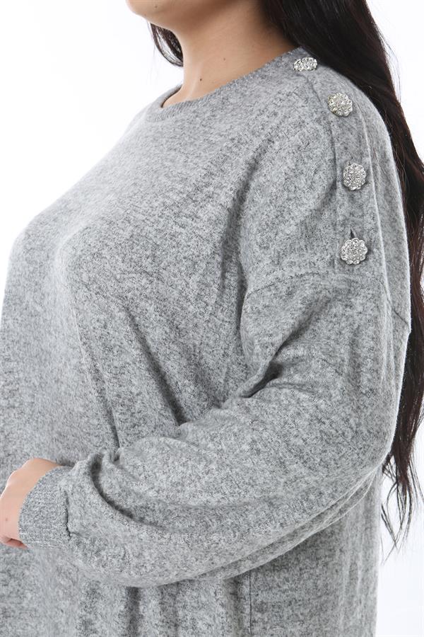 Kadın Büyük Beden Gri Yün Viskon Kumaş Omuzu Süs Düğmeli Elbise 65N38597