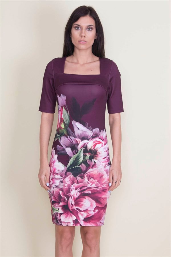 Robe à col prune et motif floral détaillé pour femme