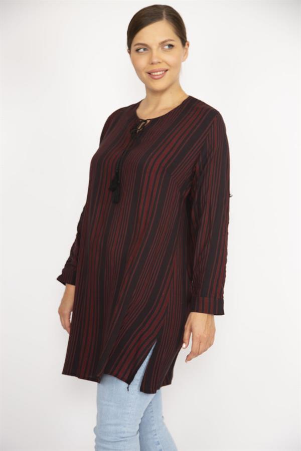 Kadın Büyük Beden Bordo V Yakalı Kol Boyu Ayarlı Tunik