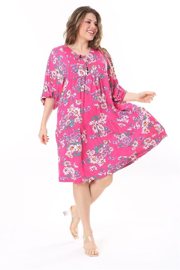 Kadın Büyük Beden Renkli Ön Pat Düğmeli Göğüs Büzgülü Yarasa Kollu Elbise 65N37959