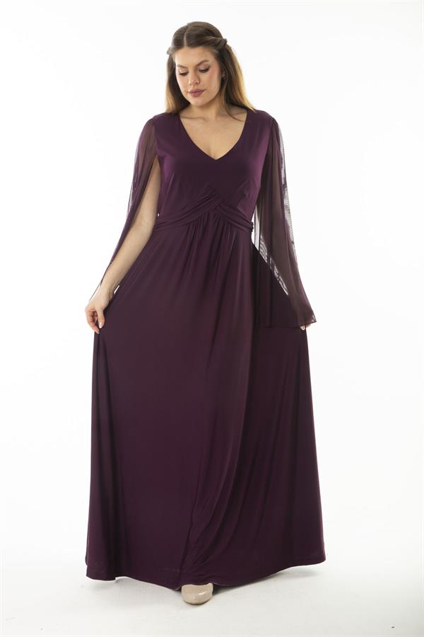 Kadın Büyük Beden Lacivert Bel Detaylı Kolları Tül Abiye Elbise 65N37065