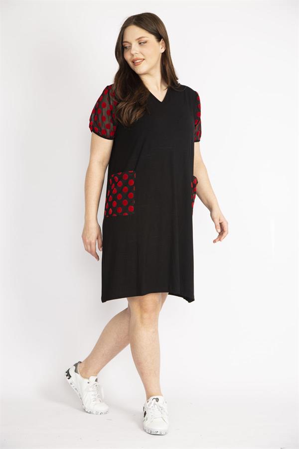 Kadın Siyah Büyük Beden Kol Ve Cepleri Desenli Tül Detaylı V Yakalı Elbise