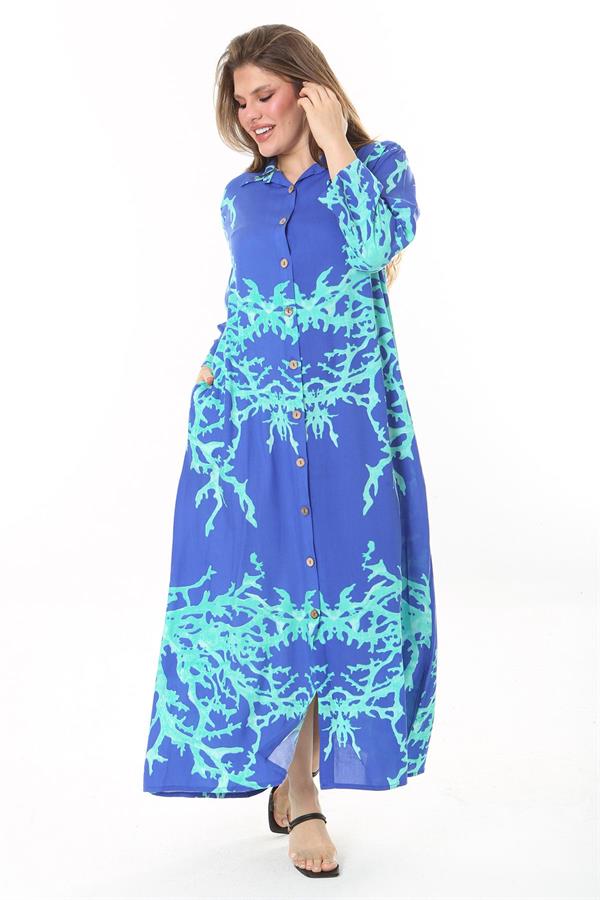 Kadın Büyük Beden Mavi Ön Boy Düğmeli Gömlek Yakalı Uzun Elbise 65N37875