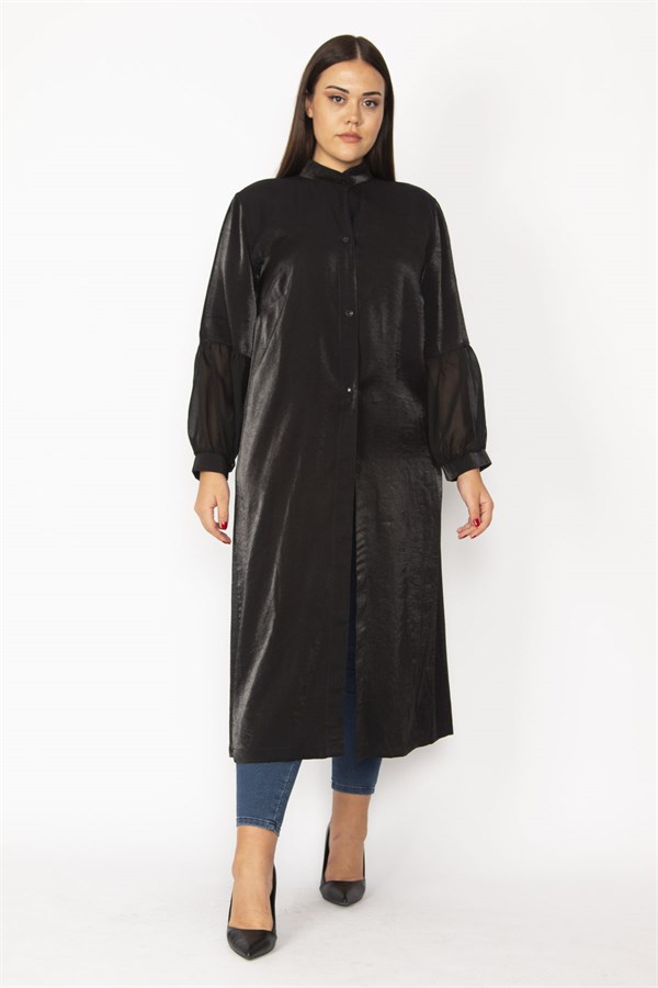 Kadın Siyah Simli Kumaş Kol Ağzı Şifon Detaylı Hakim Yaka Ön Düğmeli Uzun Kap 65N28483