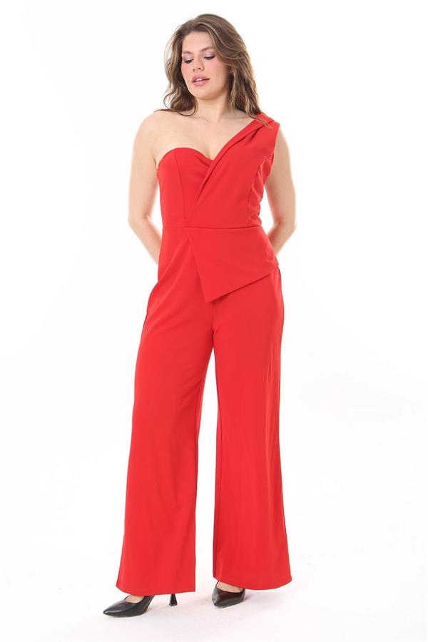 Kadın Büyük Beden Kırmızı Likralı Krep Kumaş Tek Omuz Ve Bel Detaylı Tulum 65N37954