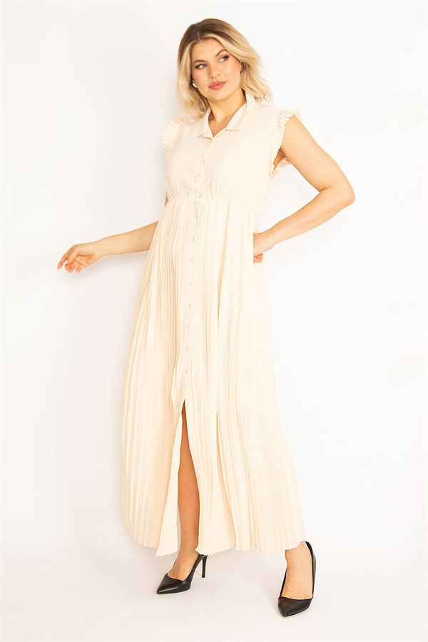 KADIN PUDRA  ETEĞİ VE KOL AĞZI PİLİSE DETAYLI ÖN DÜĞMELİ ELBİSE