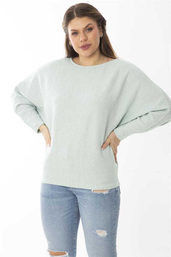 Kadın Büyük Beden Lila Yarasa Kol Kendinden Çizgili Yün Viskon Bluz 65N37007