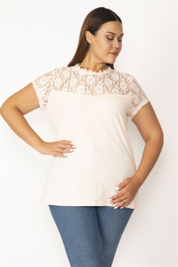 Kadın Pembe Roba Ve Kolları Dantel Detaylı Bluz 65N27774