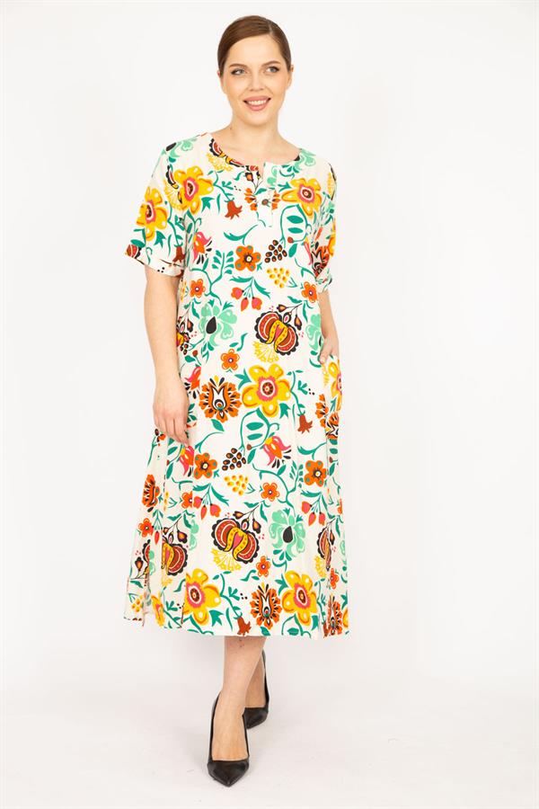 Kadın Renkli Büyük Beden Dokuma Viskon Kumaş Ön Pat Düğmeli Cepli Elbise 65N35839