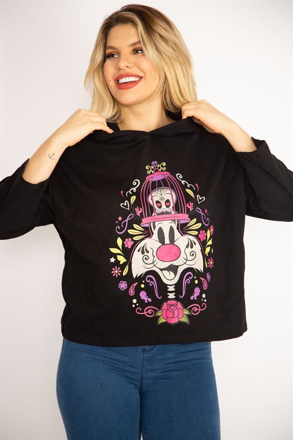 Kadın Siyah Dijital Baskılı Kapşonlu Sweatshirt 65N35083