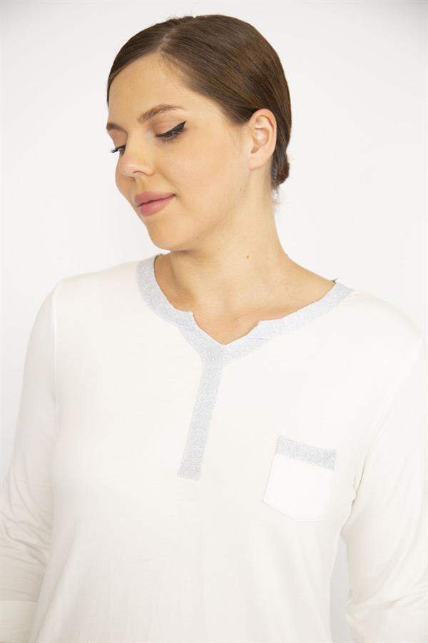 Kadın Büyük Beden Beyaz Sim Detaylı Öpücük Yakalı Kapri Kollu Bluz