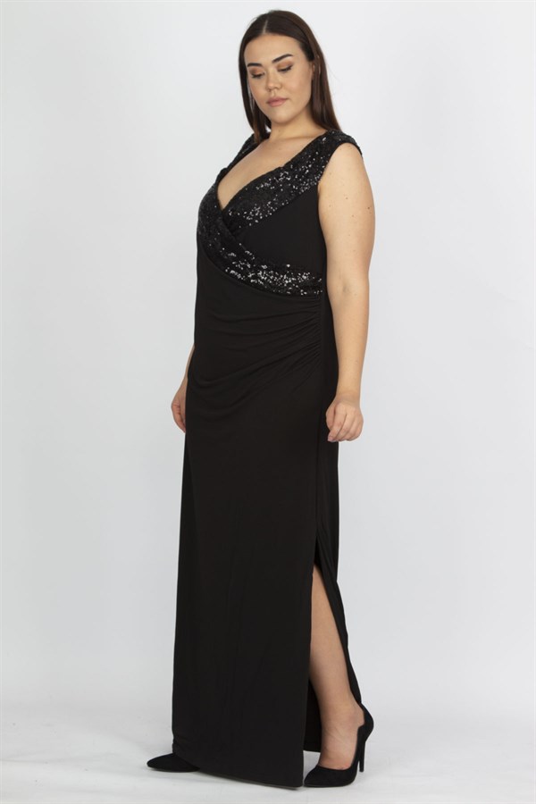 Kadın Siyah Payet Detaylı Anvelop Abiye Elbise 65N34786