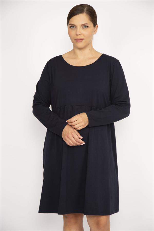 Kadın Büyük Beden Lacivert Bisiklet Yakalı Belden Büzgülü Uzun Kollu Tunik Elbise