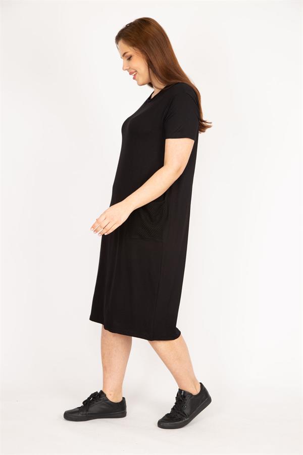 Kadın Lacivert Büyük Beden Cebi File Detaylı Kısa Kollu Viskon Elbise