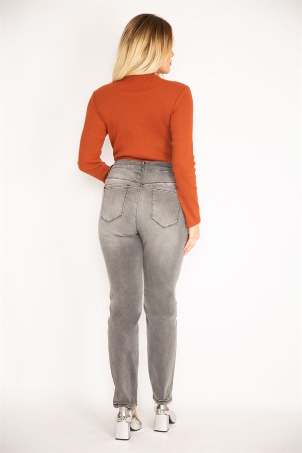 Kadın Gri Yıkama Efektli Likralı Kot Pantolon 65N35251