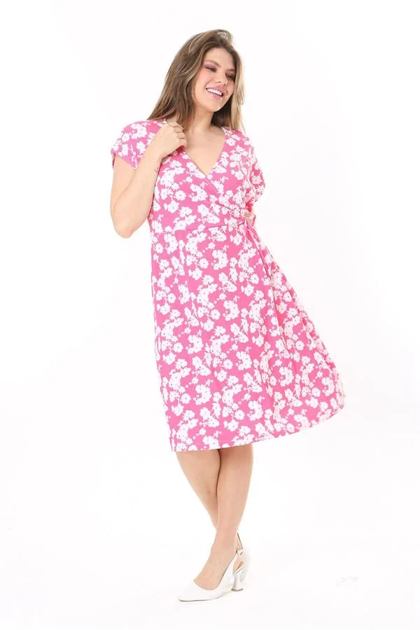 Kadın Pembe Anvelop Yakalı Yan Bağcıklı Bürümcük Elbise 65N37779