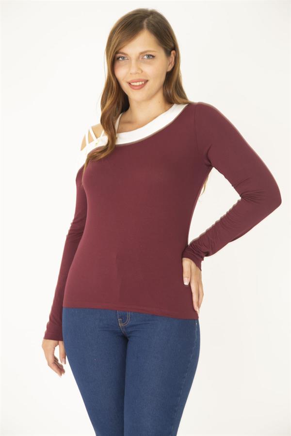 Kadın Büyük Beden Bordo Kuşgözü Ve Biye Detaylı Bluz 65N36965