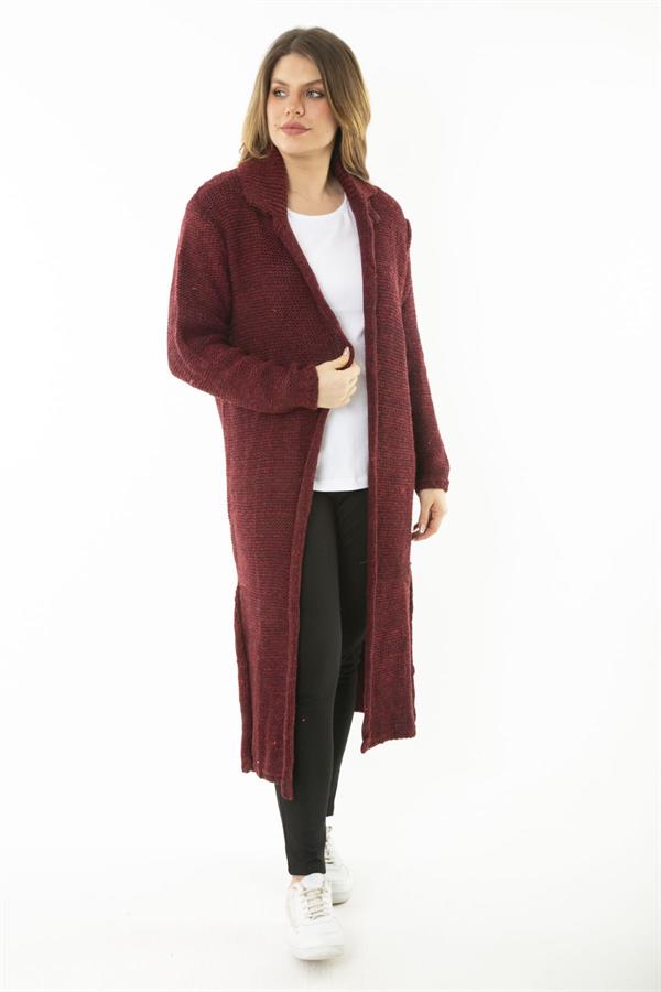 Kadın Büyük Beden Bordo Yırtmaçlı Kalın Triko Uzun Hırka 65N37131