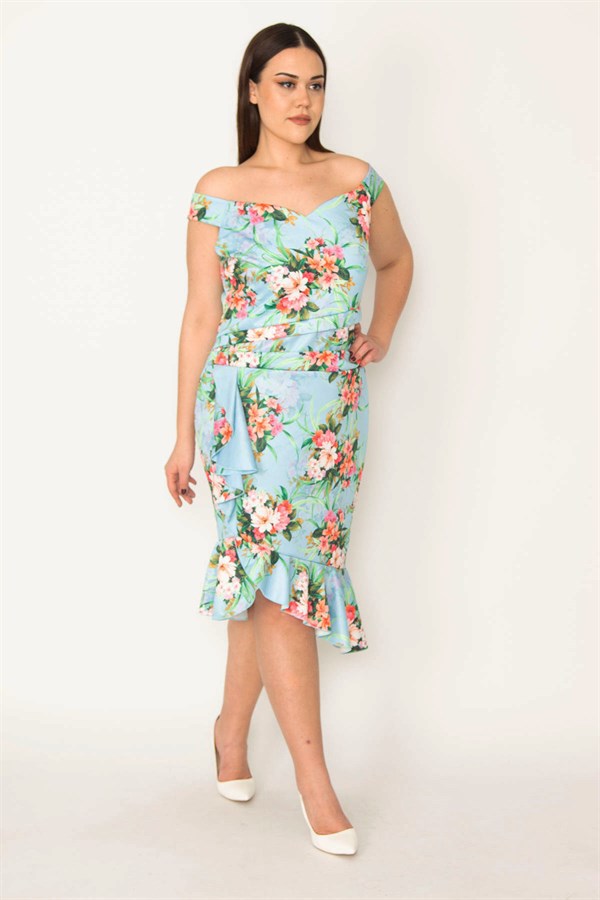 WOMEN'S COLORFUL DRESS WITH FLOUNCED WAIST AND DRAPED HEM