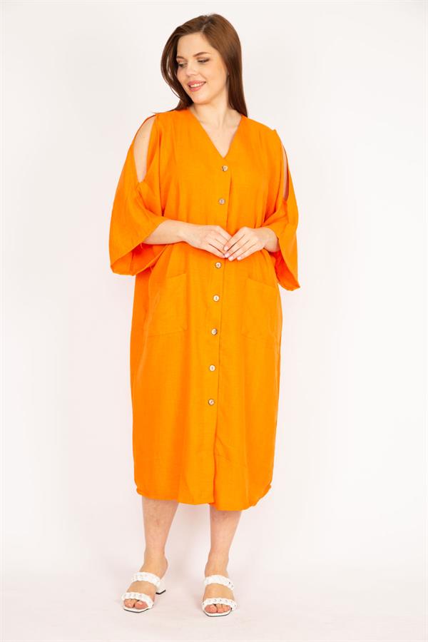 Kadın Camel Büyük Beden Omuz Dekolteli Ön Düğmeli Elbise