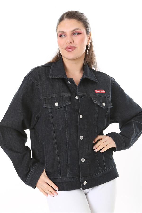 Kadın Büyük Beden Antrasit Metal Düğmeli Kup Detaylı Cepli Kot Mont 65N37714