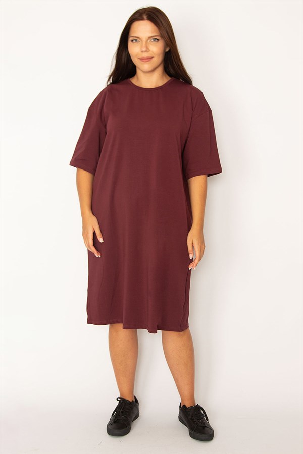 Kadın Mürdüm Pamuklu Kumaş Yan Fermuar Yırtmaçlı Likralı Elbise 65N34428