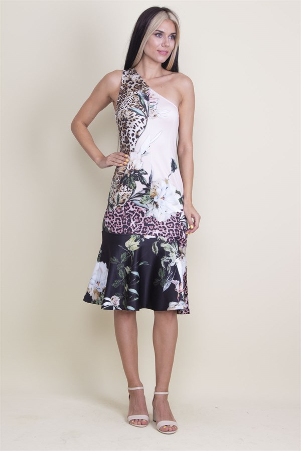 TEK OMUZ ÇİÇEK DESENLİ ELBİSE