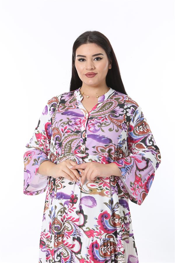 Kadın Büyük Beden Lila Ön Patı Düğmeli Volan Kollu Etek Ucu Katlı Elbise 65N38484