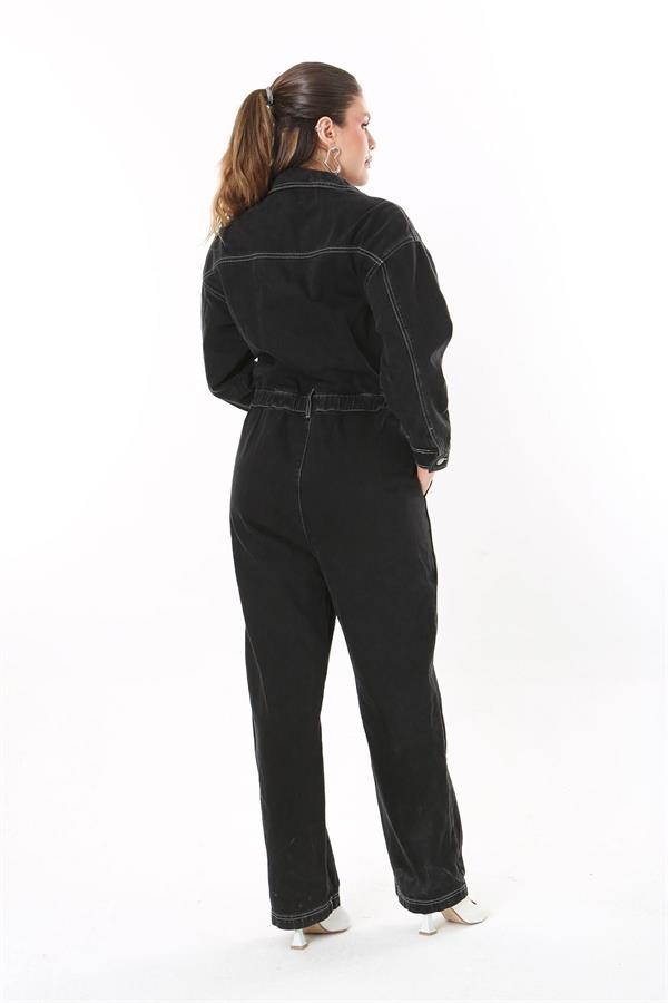 Kadın Büyük Beden Siyah Kontrast Dikişli Metal Düğmeli Kot Tulum 65N37723