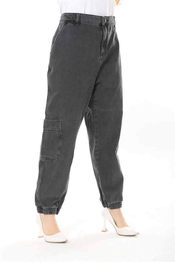 Kadın Büyük Beden Füme Kargo Cepli Paçası Lastik Detaylı Kot Pantolon 65N38028