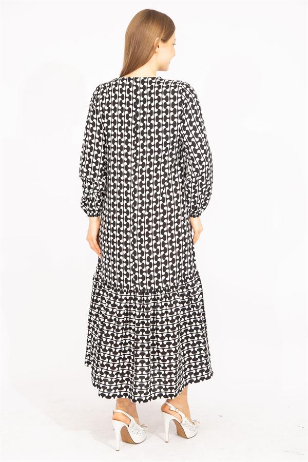 Kadın Siyah Dokuma Viskon Kumaş Etek Ucu Katlı Uzun Kollu Elbise 65N35513