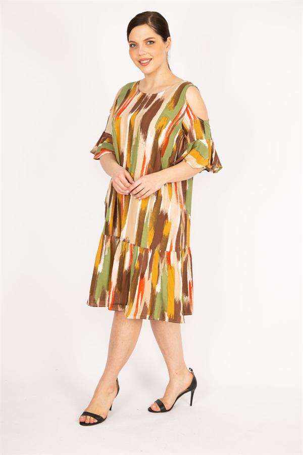 Kadın Fujya Büyük Beden Omuz Dekolteli Dokuma Viskon Kumaş Yan Cepli Elbise