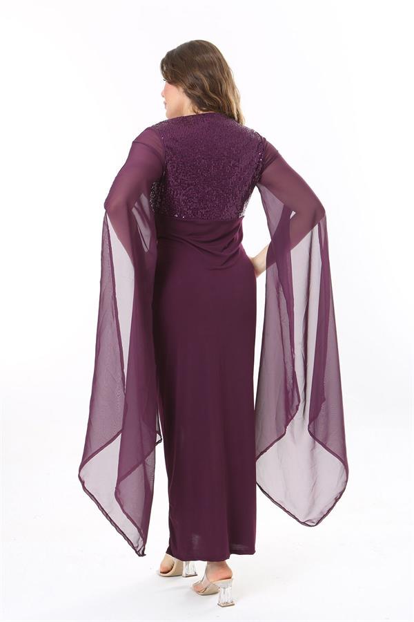 Kadın Büyük Beden Mürdüm Payet Ve Göğüs Büzgü Detaylı Kolları Şifon Elbise 65N37963