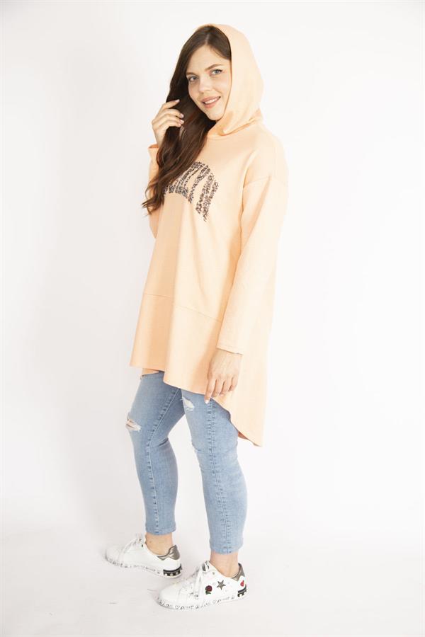 Kadın Somon Büyük Beden Payet Detaylı Kapşonlu Arkası Uzun Sweatshirt