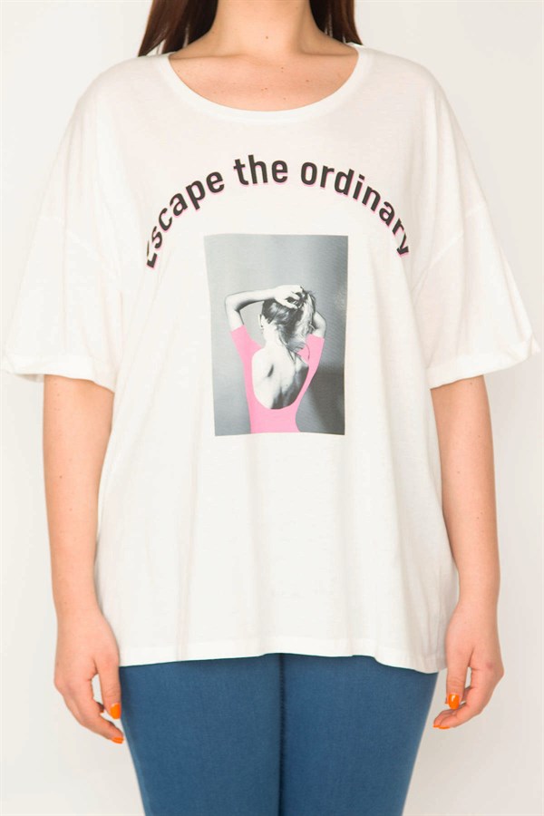 KADIN KEMİK RAHAT KESİM BİSİKLET YAKA ÖN BASKILI BLUZ