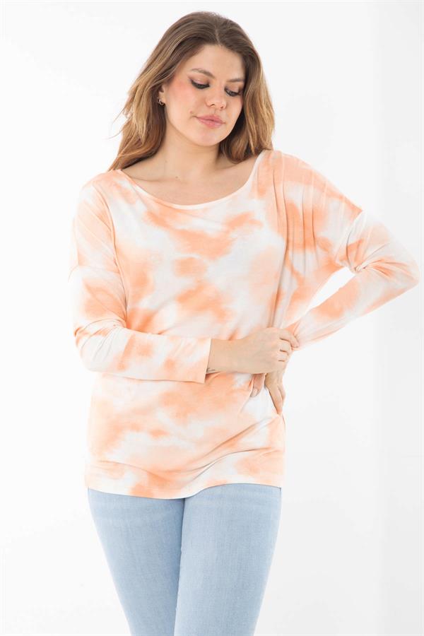 Kadın Büyük Beden Oranj Batik Desenli Uzun Kol Kollu Bluz 65N37363