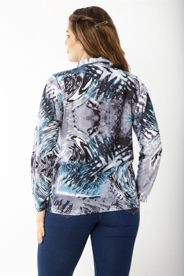 Kadın Büyük Beden Bordo Ön Patı Fermuarlı Uzun Kollu Desenli Bluz 65N37218