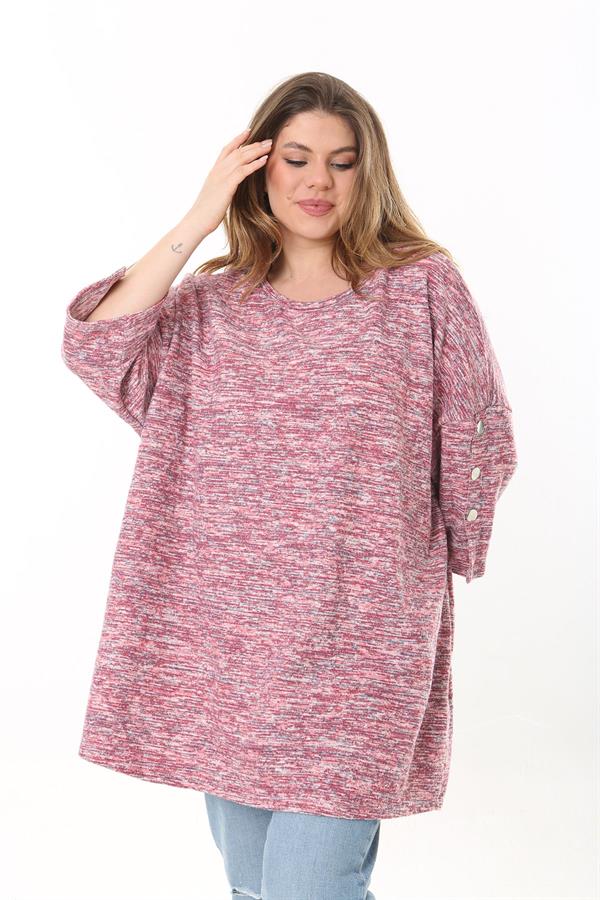 Kadın Büyük Beden Yeşil Kolları Süs Metal Düğmeli Kırçıllı Kalın Tunik 65N37403