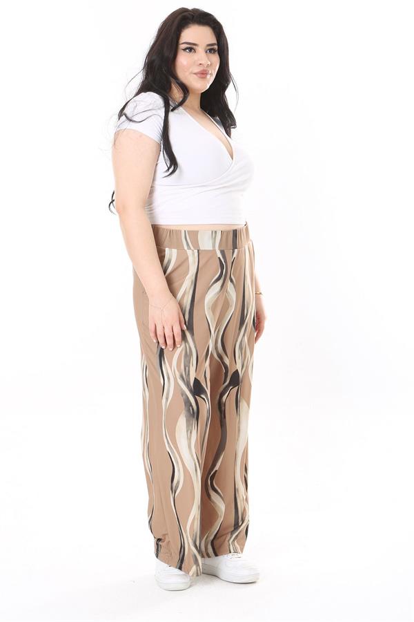 Kadın Büyük Beden Haki Beli Lastikli Yan Cepli Likralı Desenli Pantolon 65N38055