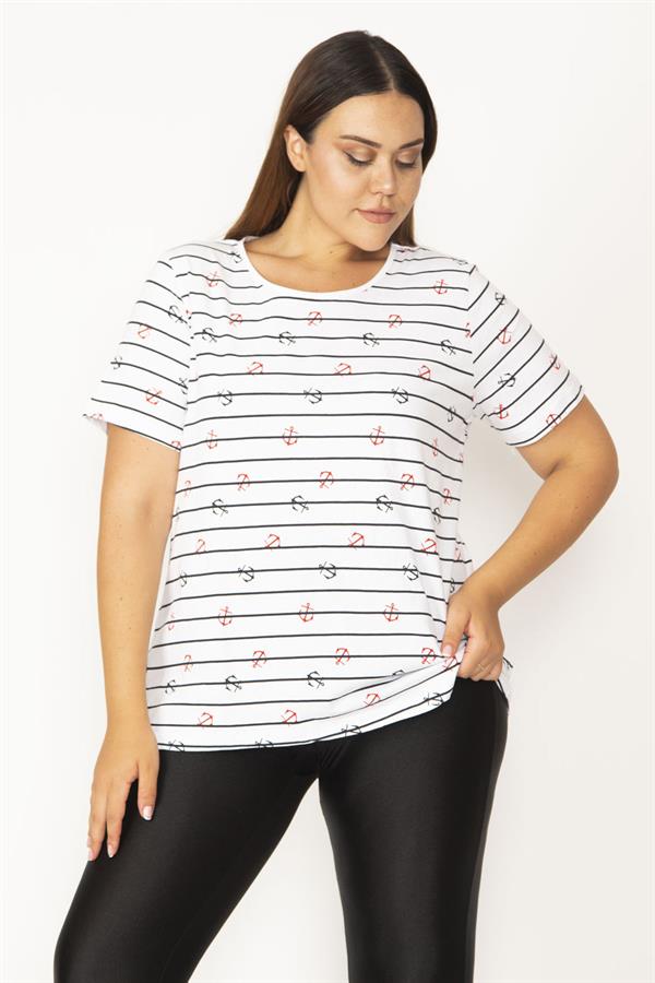 Kadın Beyaz Büyük Beden Pamuklu Kumaş Marin Desenli Bisiklet Yaka Kısa Kollu Bluz 65N35769