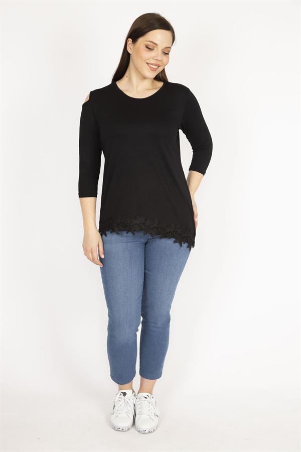 Kadın Siyah Büyük Beden Tek Omuz Dekolteli Etek Ucu Dantel Bluz