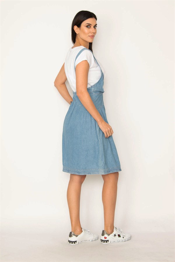 KADIN MAVİ ASKILI ANVELOP KOT ELBİSE